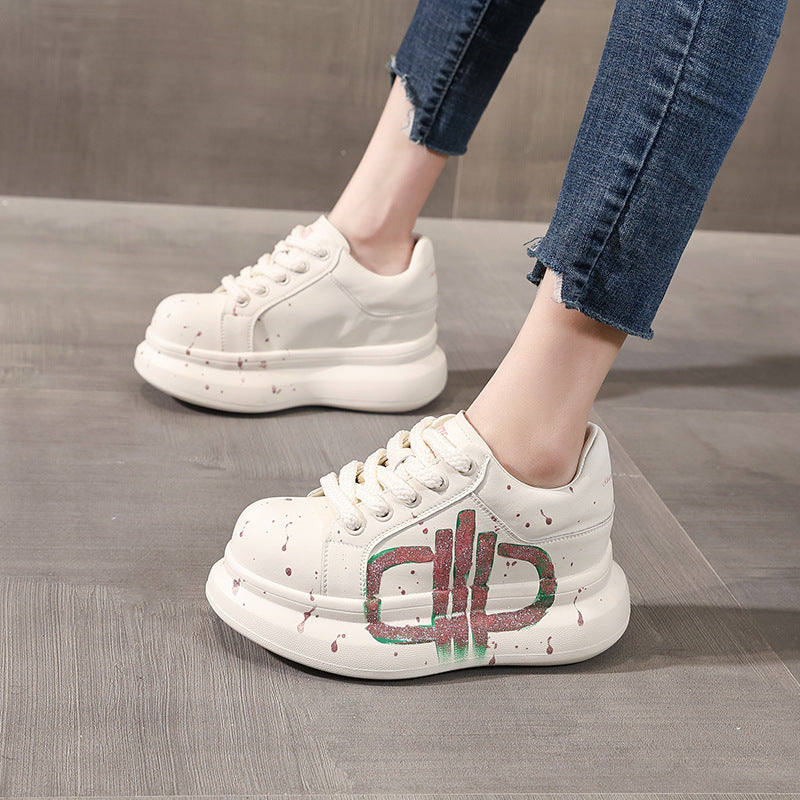Women's Bottom Height Increasing Insole White Spring Sports Casual Shoes