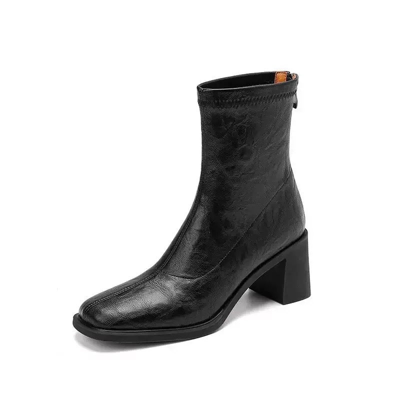 Women's Mute Soft Bottom Stretch Thin Chunky High Short Women's Leather Boots