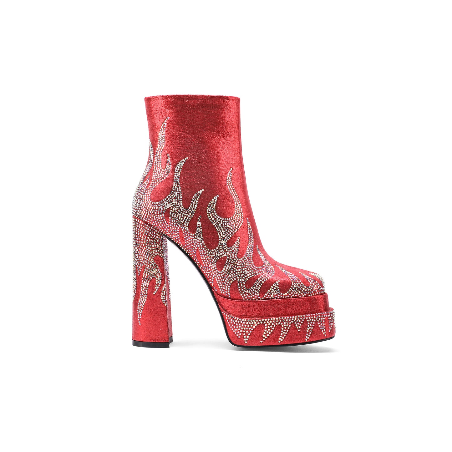 Women's Flame Pattern Bootie Square Head Side Zipper Chunky High Plus Heels