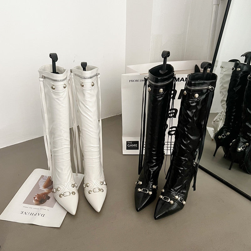 Pointed Toe Long Female High Rivet Motorcycle Side Women's Leather Boots