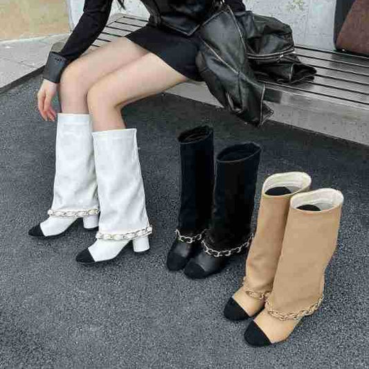 Women's Chunky Pantyhose Chain Long Female Classic Color Matching Sleeve High Women's Leather Boots