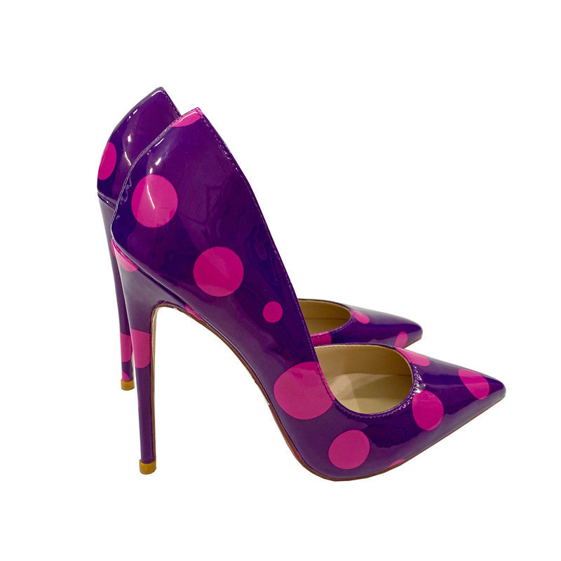 Purple Polka Dot Side Empty High Pointed Toe Stiletto Women's Fashion Shoes