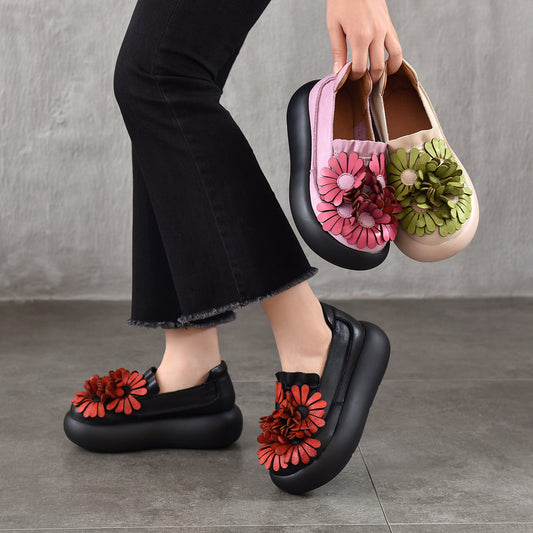 Women's Cowhide Retro Artistic Large Flower Thick Bottom Platform Spring Low Women's Casual Shoes