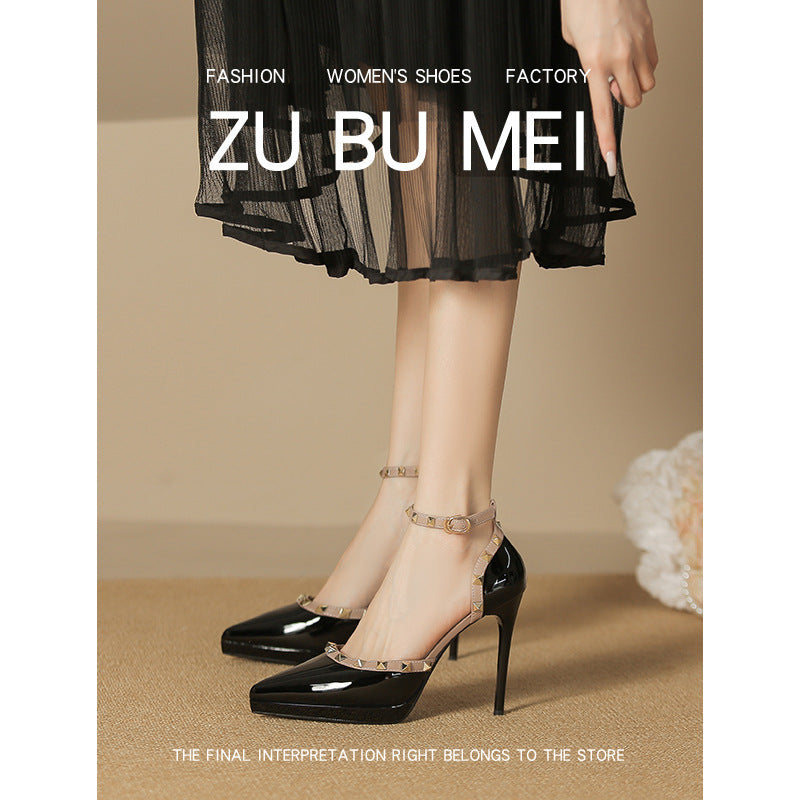 One-word Hollow High Pointed Toe Stiletto Rivet Waterproof Platform Not Heels