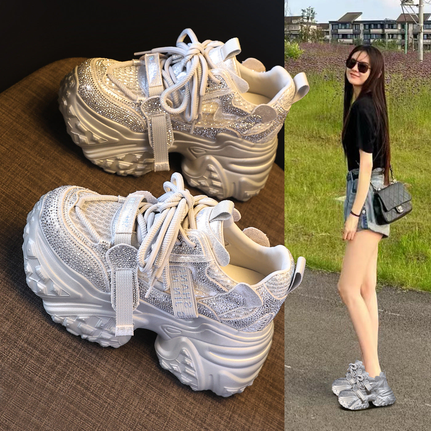 Women's Platform Height Increasing Insole Rhinestone Dad Casual Shoes