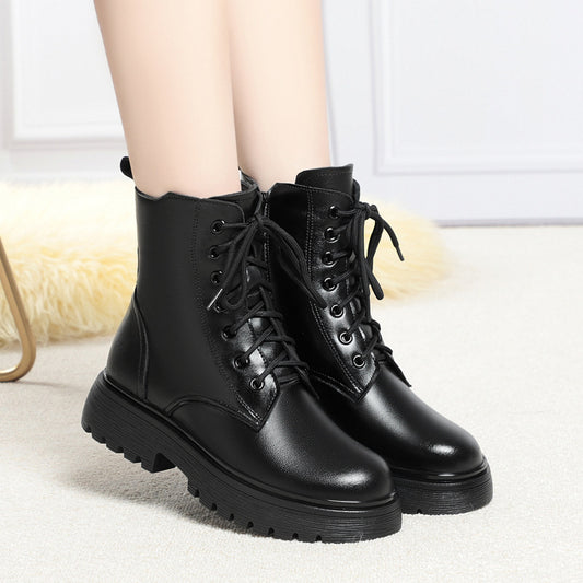 Women's Lined Padded Warm Keeping Northeast Fur Integrated Short Women's Leather Boots