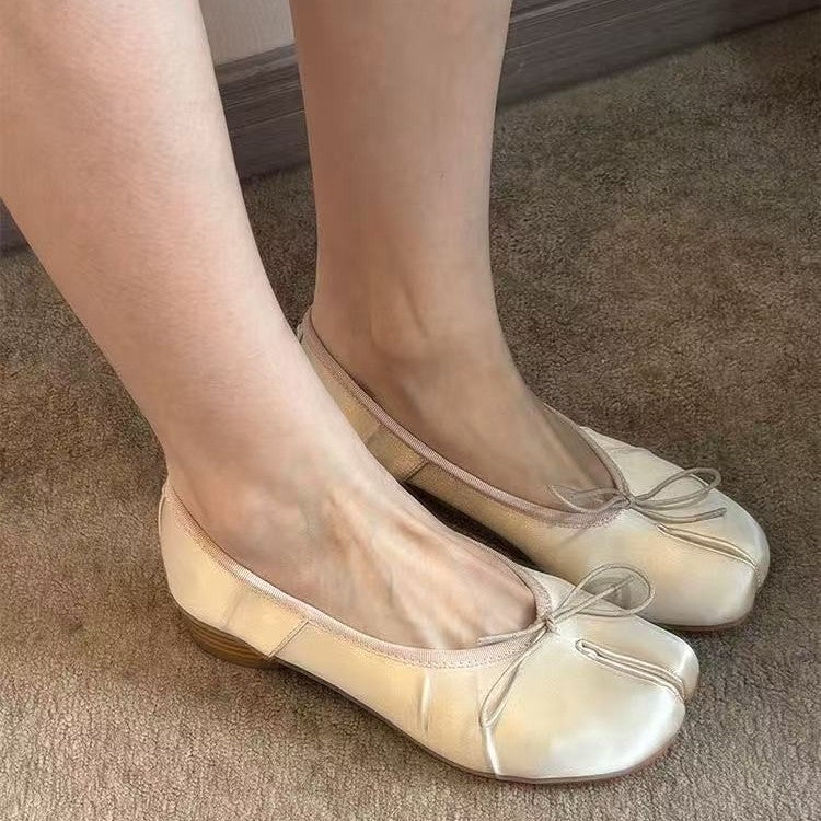 Style French Vintage Bow Split Toe Shallow Mouth Women's Fashion Shoes