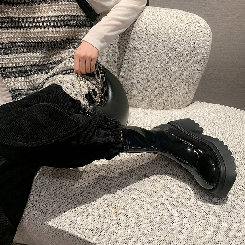 Small Stretch Female Height Increasing Patent Platform Waterproof Over Women's Leather Boots