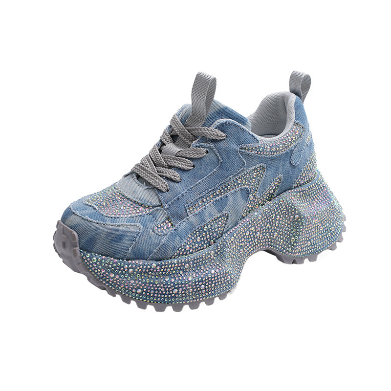 Women's Denim Rhinestone Platform Dad Autumn Small Height Women's Sports Shoes