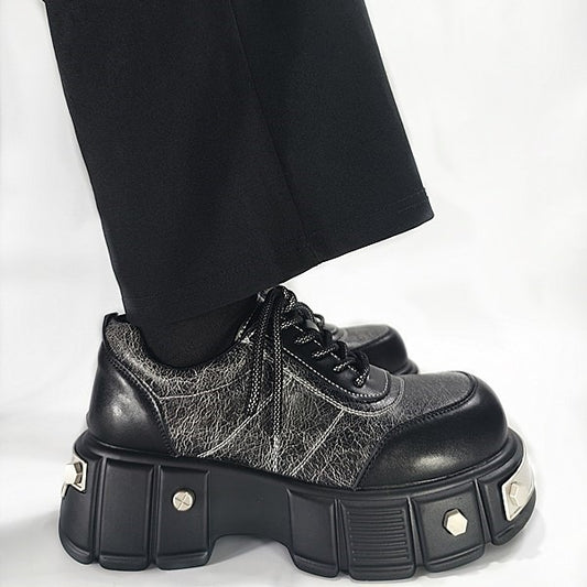Men's Derby Cowhide Fashion British Black Big Head Height Increasing Niche Leather Shoes