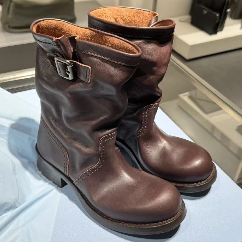Women's Retro Handmade Pleated Martin Thick Bottom Chunky Women's Leather Boots