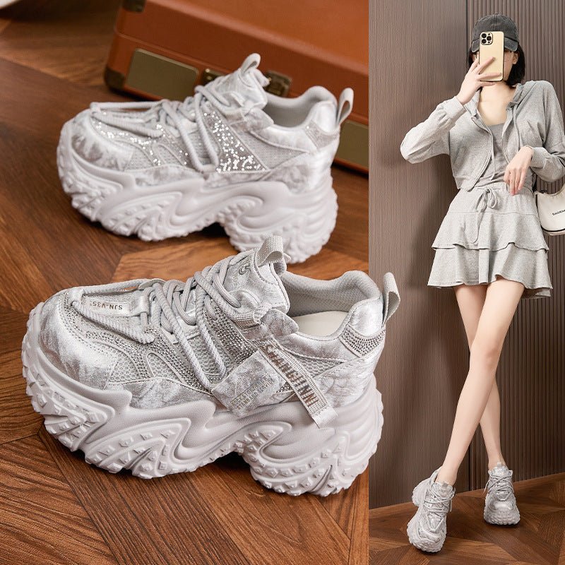Women's Height Increasing Insole Dad Spring Fashion Rhinestone Sneakers