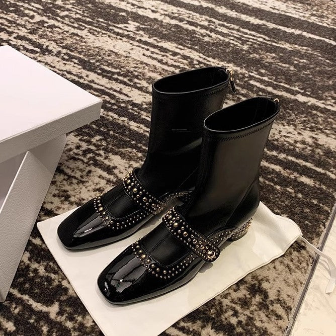 Square Toe Rivet Strap Knight Thick Thin Female Grape Women's Leather Boots