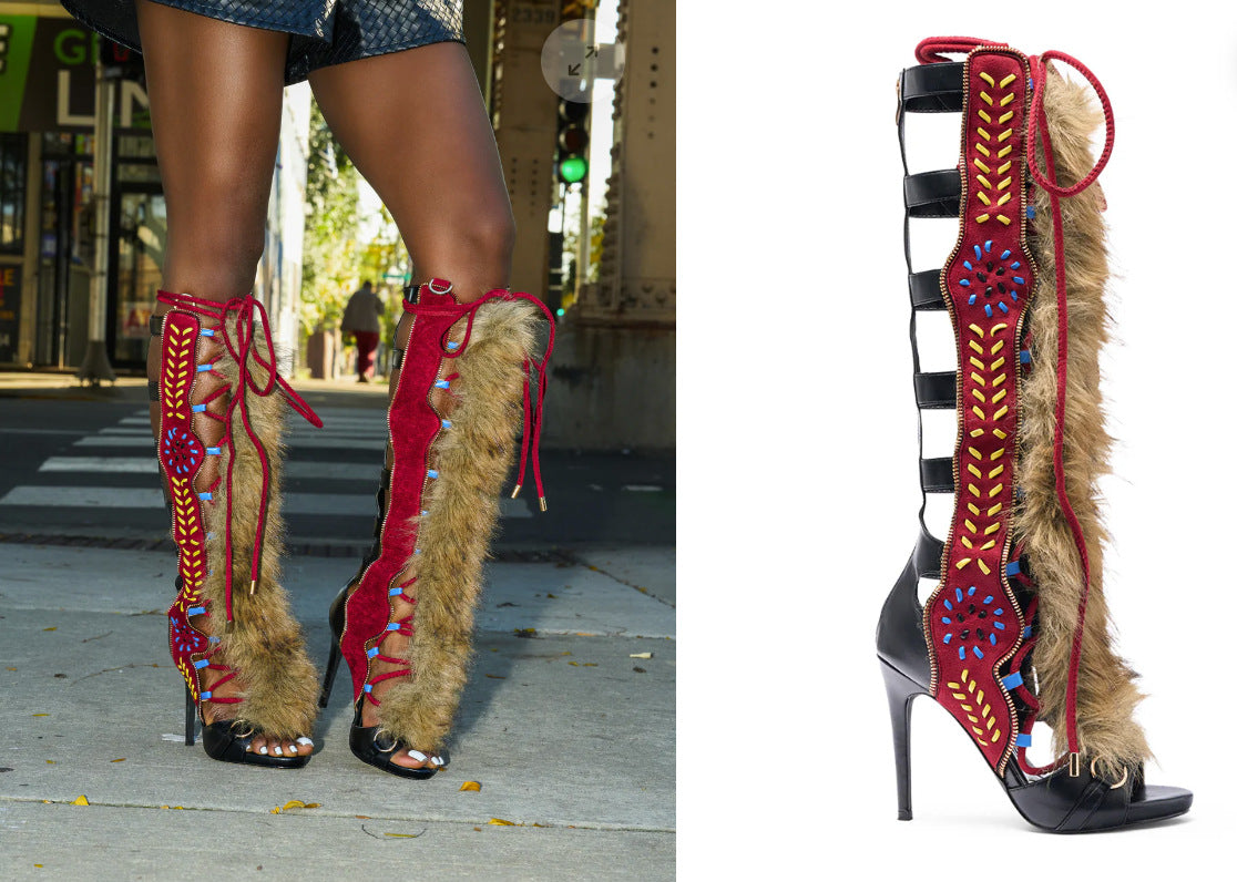 Women's Runway Stiletto Peep Toe Strap Plush Women's Fashion Shoes