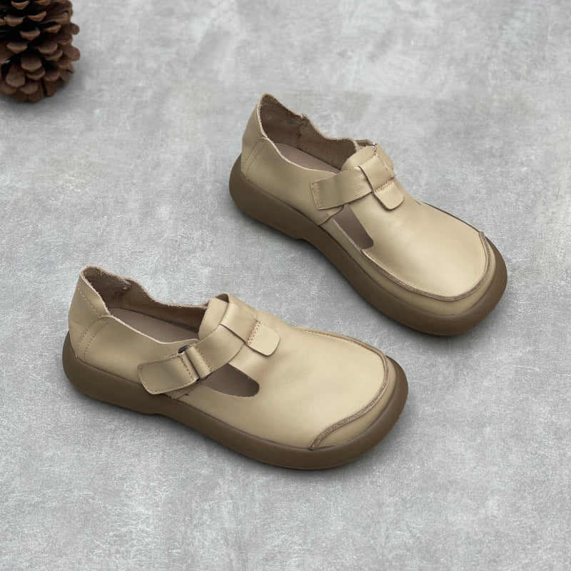 Women's Retro Handmade Round Head Velcro Slip-on Flat Cowhide Women's Casual Shoes
