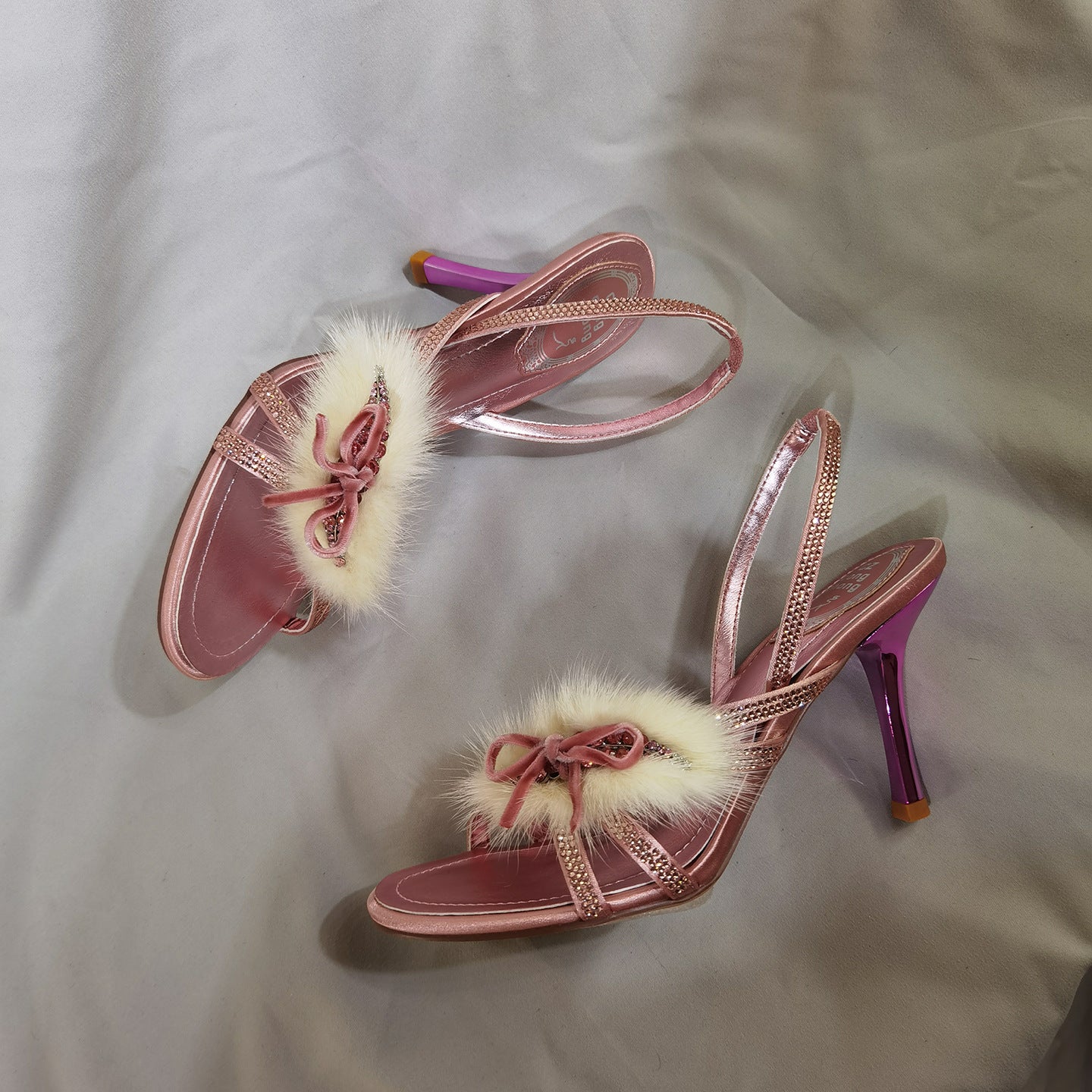 Women's Mink Fur Stiletto Banquet Party Open Toe Rhinestone Heels