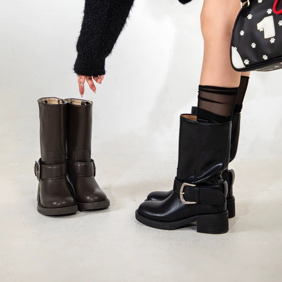 Women's Vintage Belt Buckle Chunky Black For Autumn Women's Leather Boots