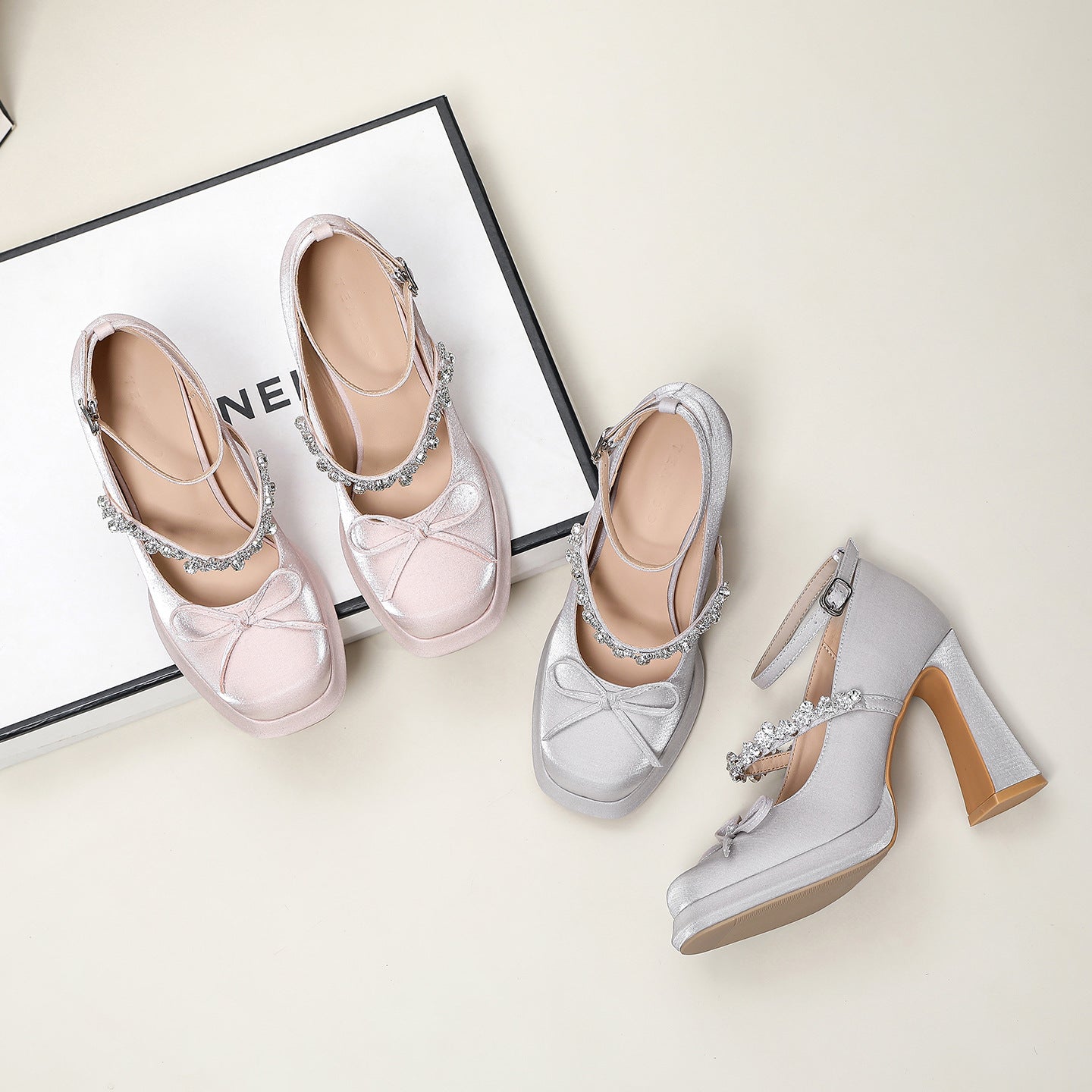 Jane High Rhinestone With Waterproof Platform Wedding Satin Bow Chunky Women's Fashion Shoes