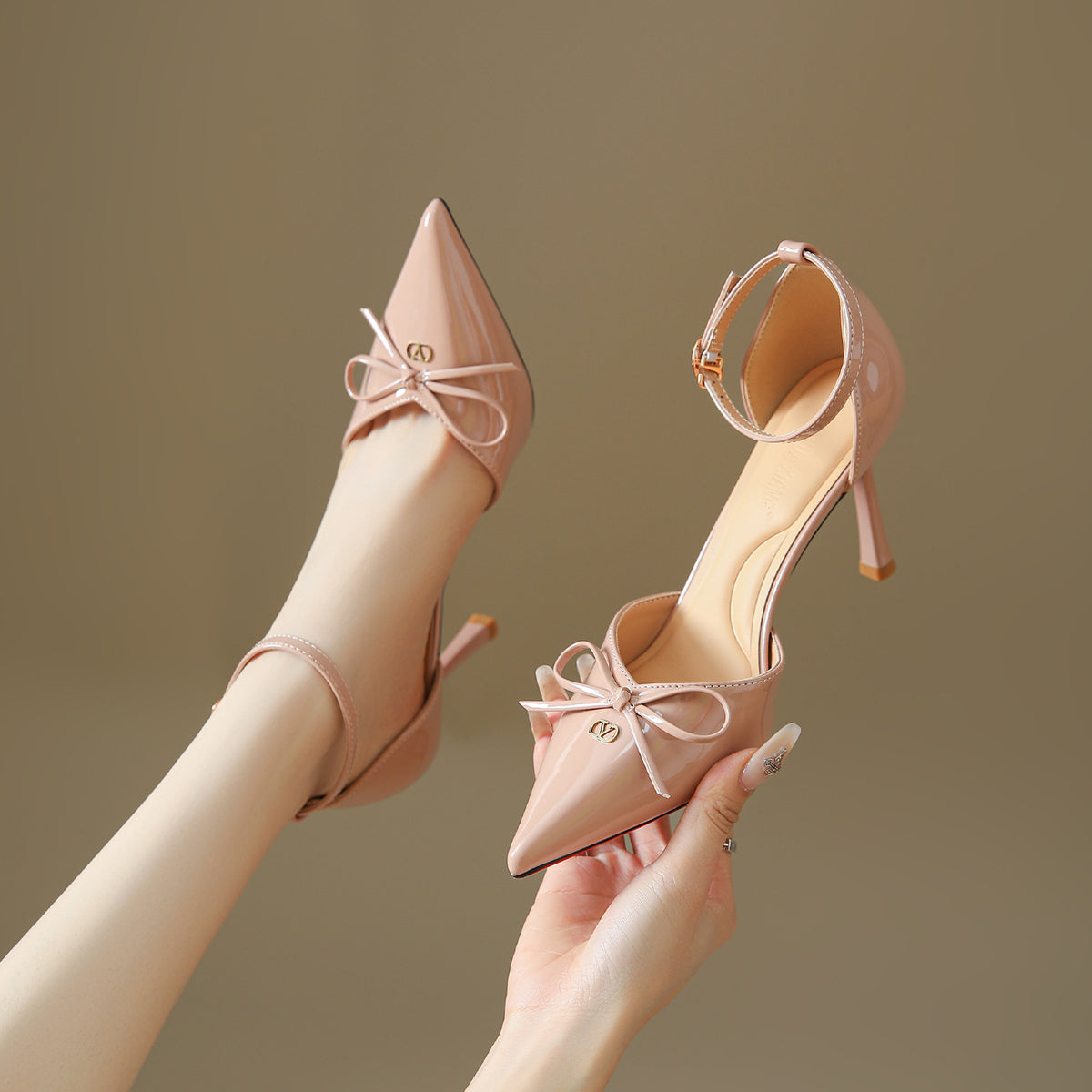 Women's Nude Pink Pointed High For Stilettos Bow Women's Fashion Shoes