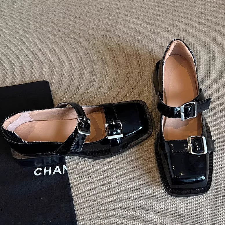 Women's Retro Belt Buckle Open Toe Roman Style Square Strap Versatile Heels