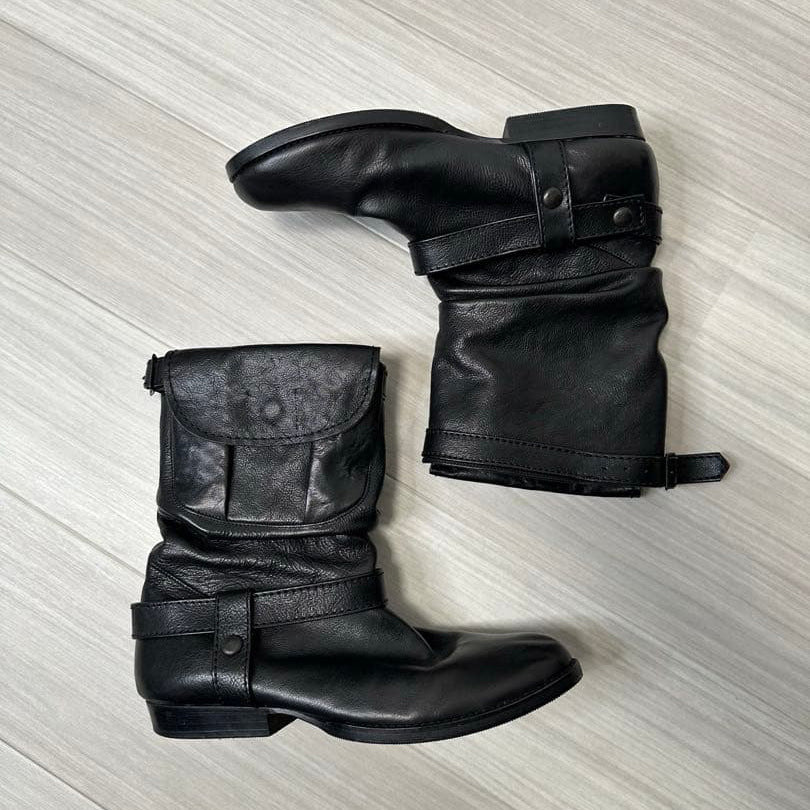 Women's Black Pocket Pile Style Engineering Ankle Knight Women's Leather Boots