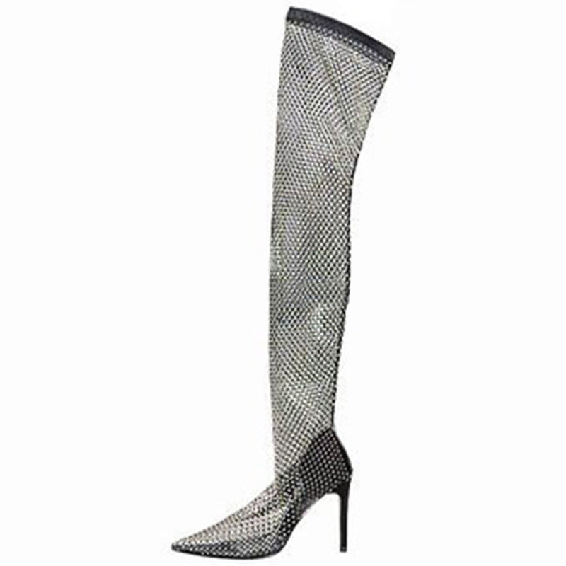 Summer Pointed Toe Over The Knee Hollow Jeweled Women's Leather Boots
