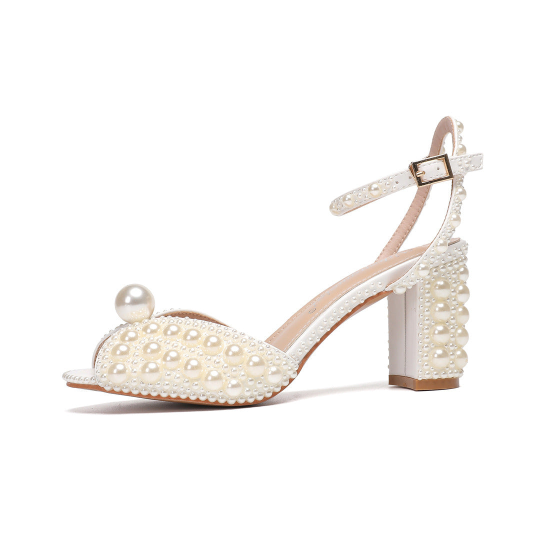 Women's Peep Toe High Chunky Low-cut Rhinestone Pearl Heels