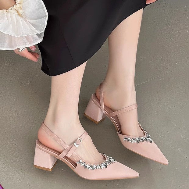 Women's Toe Rhinestone High Stiletto Champagne Strap Heels