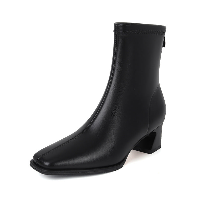 Women's Style Chunky Short Commuter Back Zipper Elastic Square Toe Boots