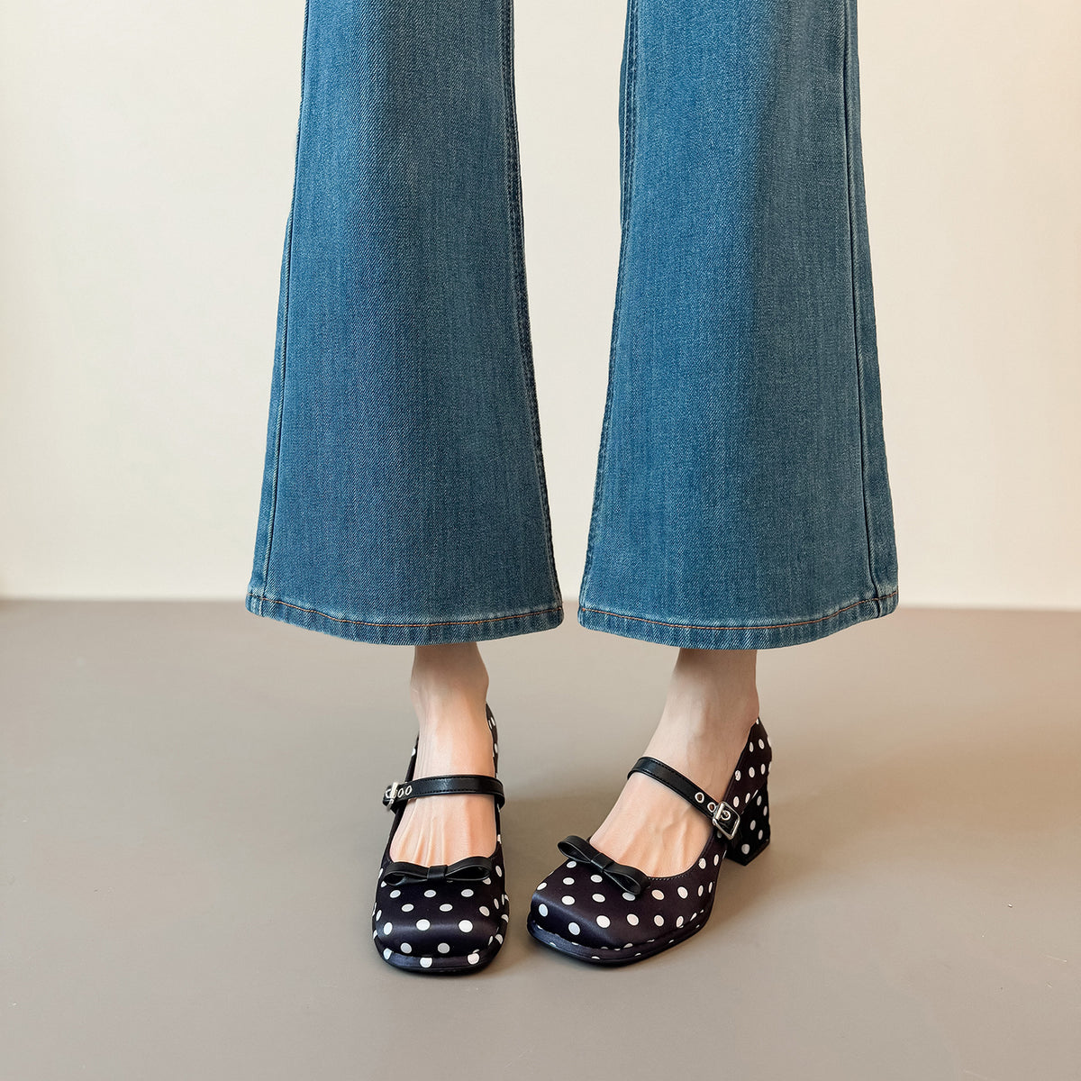 Women's Sweet Bowknot High Spring Chunky Increased Polka Dot Mary Jane Heels