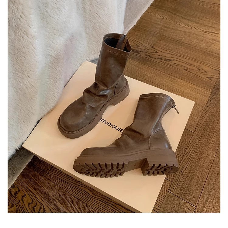 Women's Platform Skinny Round Toe Pleated Back Women's Leather Boots