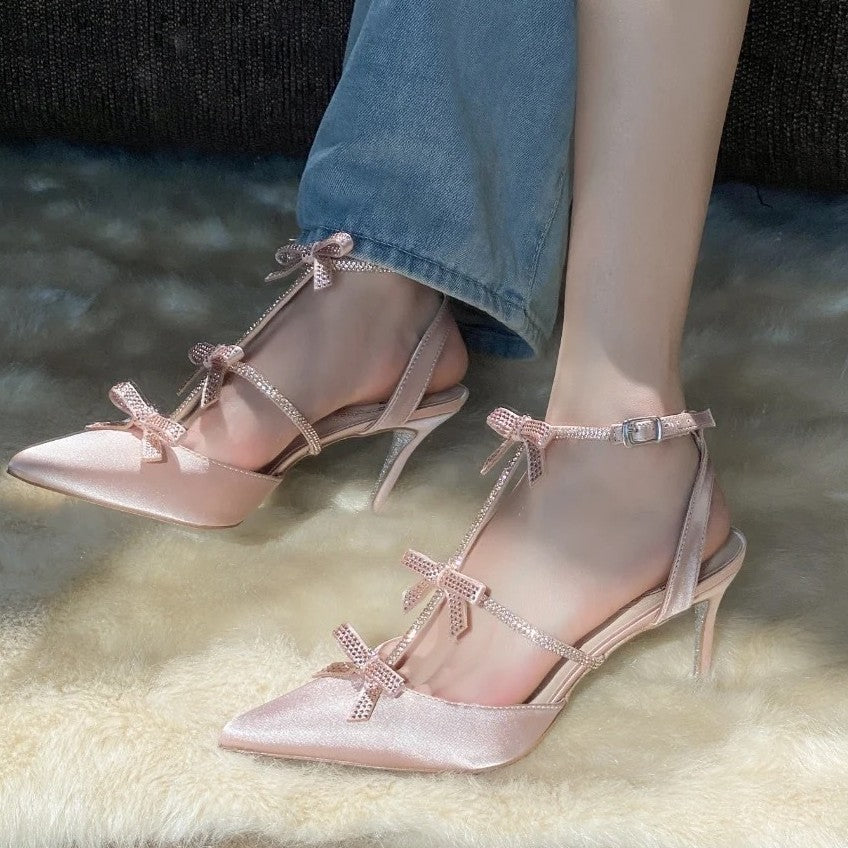 Women's Satin Rhinestone Bowknot Closed Toe Roman High Heeled Sandals