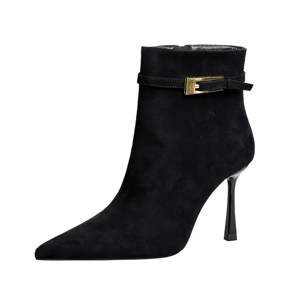 Women's Fashion Sexy Pointed Toe Suede Stiletto Belt Buckle Heels