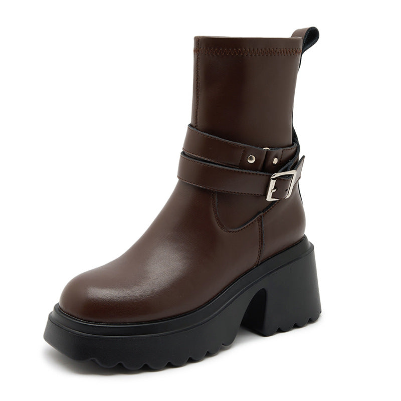Women's For Height Increasing Skinny Belt Buckle Round Head Slip-on Boots
