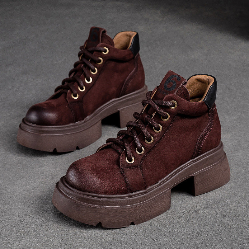 Women's Autumn Round Toe Solid Color Front Martin Versatile Fashion Platform Women's Leather Boots