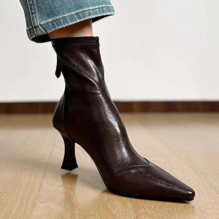 Women's High Pointed Martin Back Skinny Zip Ankle Women's Leather Boots