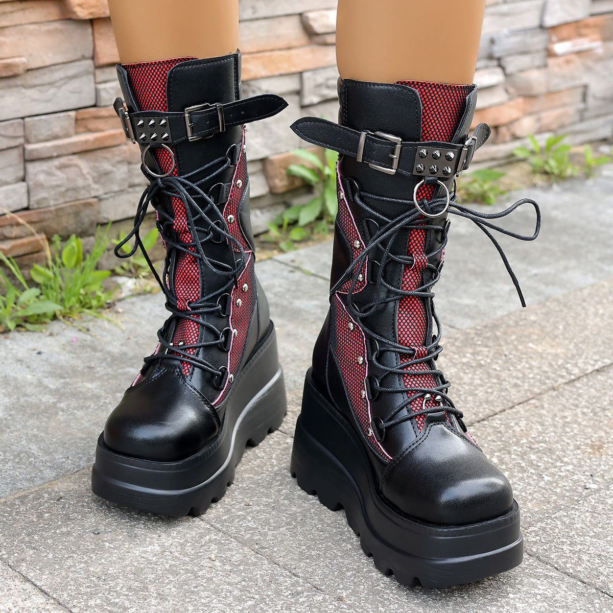 Buckle Strap Thick Bottom Gothic Wedge High Female Women's Leather Boots