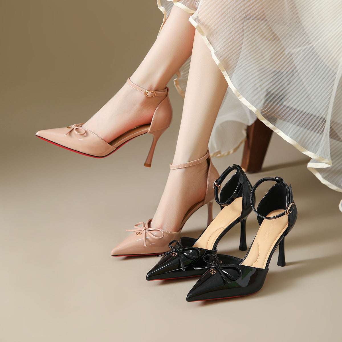 Women's Nude Pink Pointed High For Stilettos Bow Women's Fashion Shoes