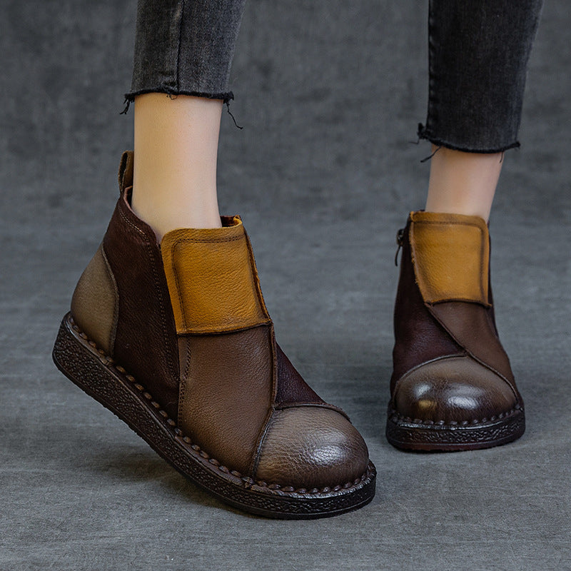 Women's Layer Cowhide Veet Warm Retro Contrast Color Short Tube Flat Boots