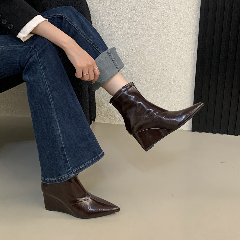 Women's High-grade Pointed Toe Wedge Short Back Zipper Skinny High Women's Leather Boots