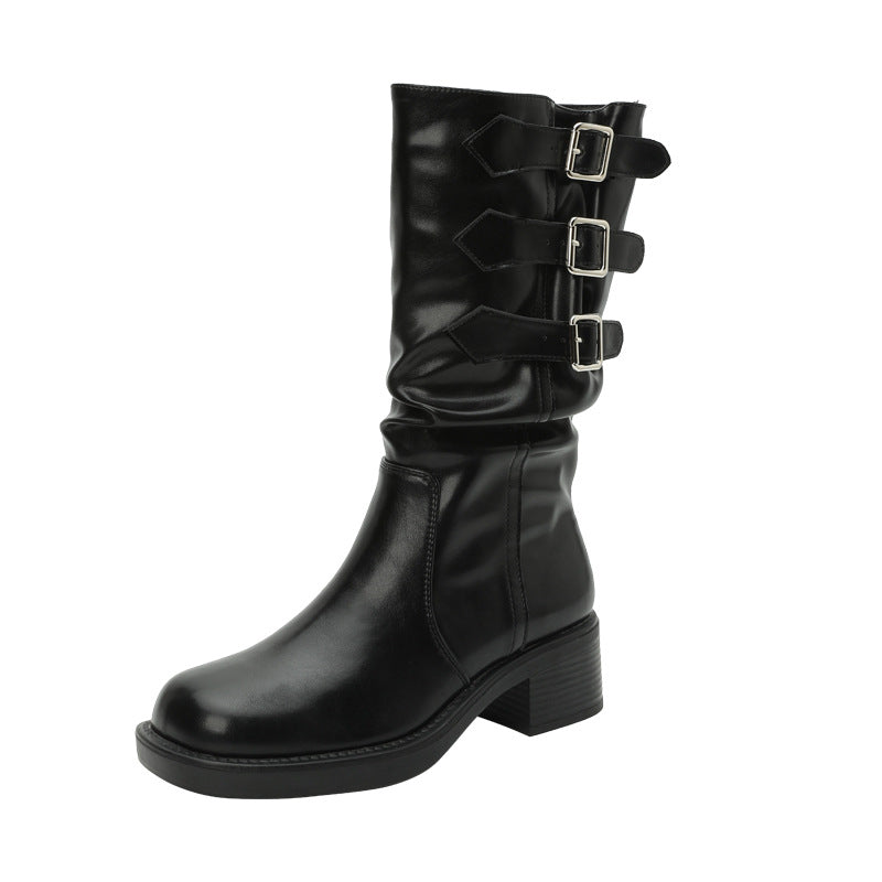 Women's Retro Belt Buckle Booties Western Style Boots