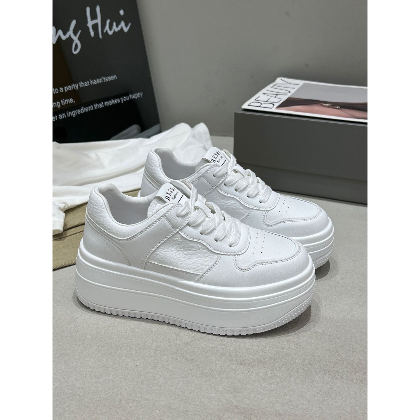 Women's White Spring Genuine Fashion Thick Sole Height Sneakers