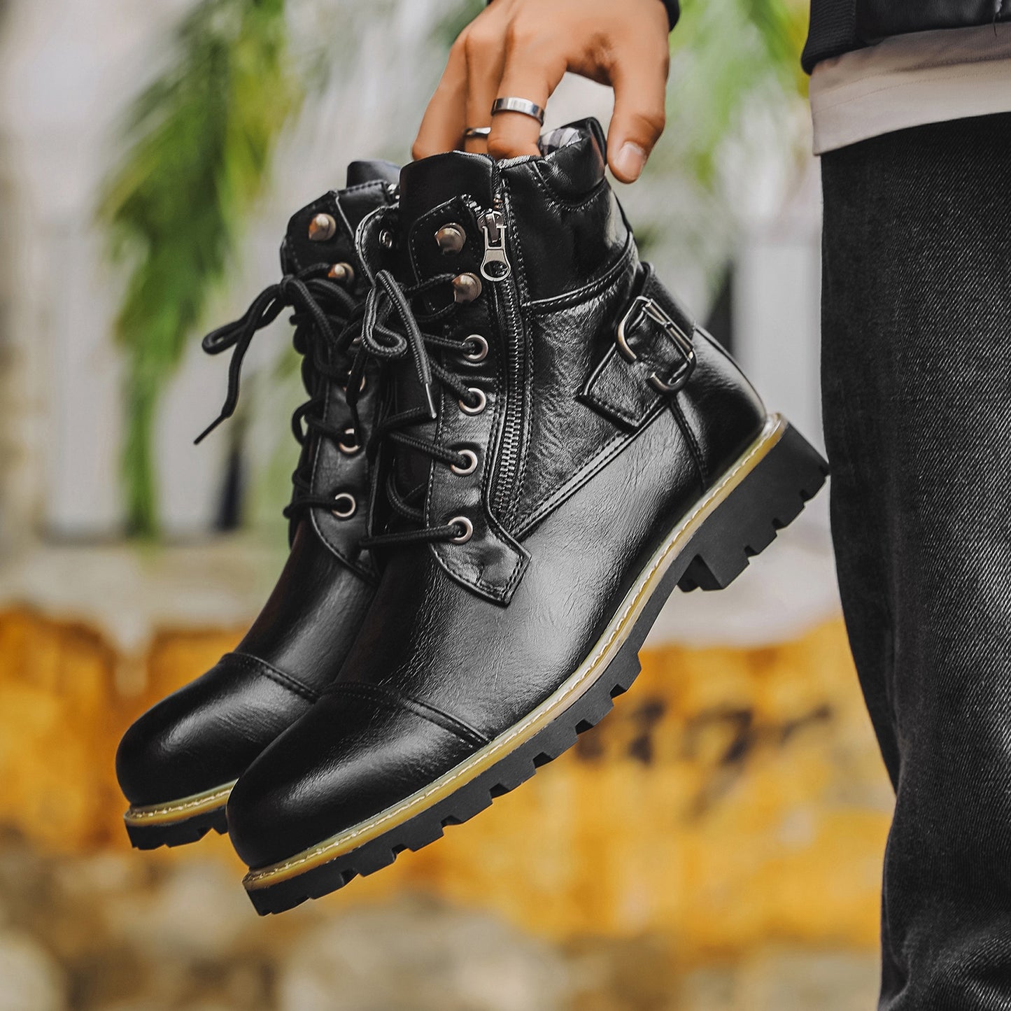 Men's Motorcycle Double Zipper Heavy Machine Bag Men's Leather Boots