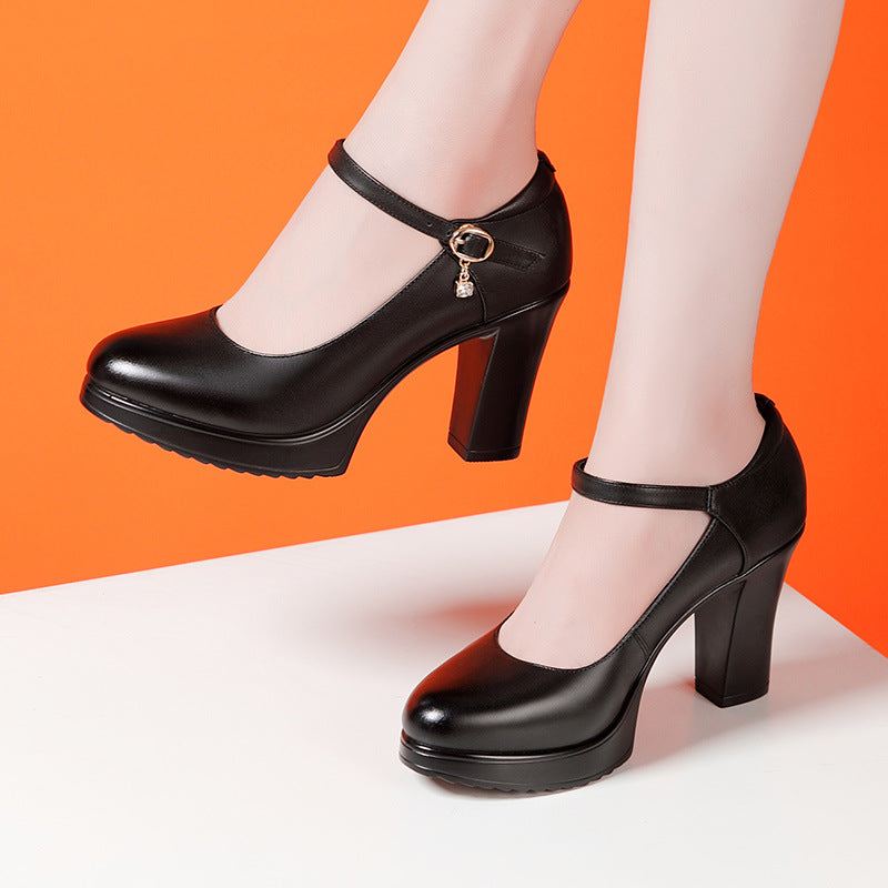 Women's High Chunky Waterproof Platform Cheongsam Model Pumps Pointed Black Soft Leather Shoes