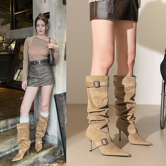 Women's Slimming Belt Buckle Pointed Pleated Pile Style High Heels