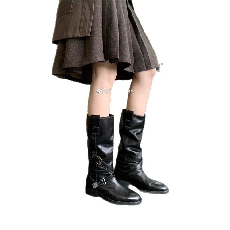 Grape Mom Height Increasing Round Head Slimming Belt Buckle Cool Boots