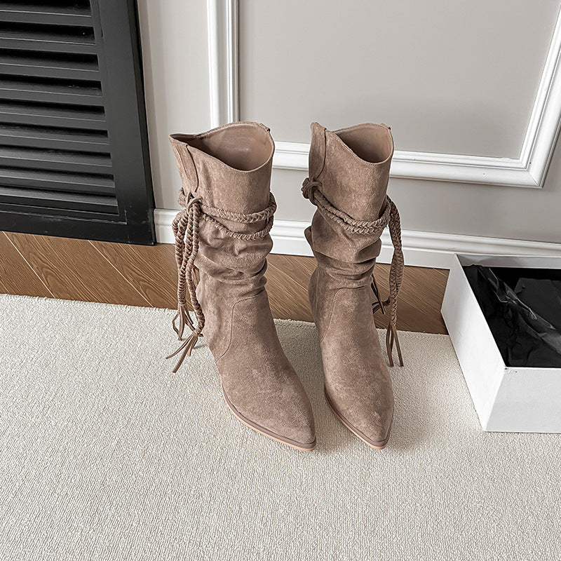 Women's High-grade Tassel Middle Pointed Toe Chunky Pile Boots