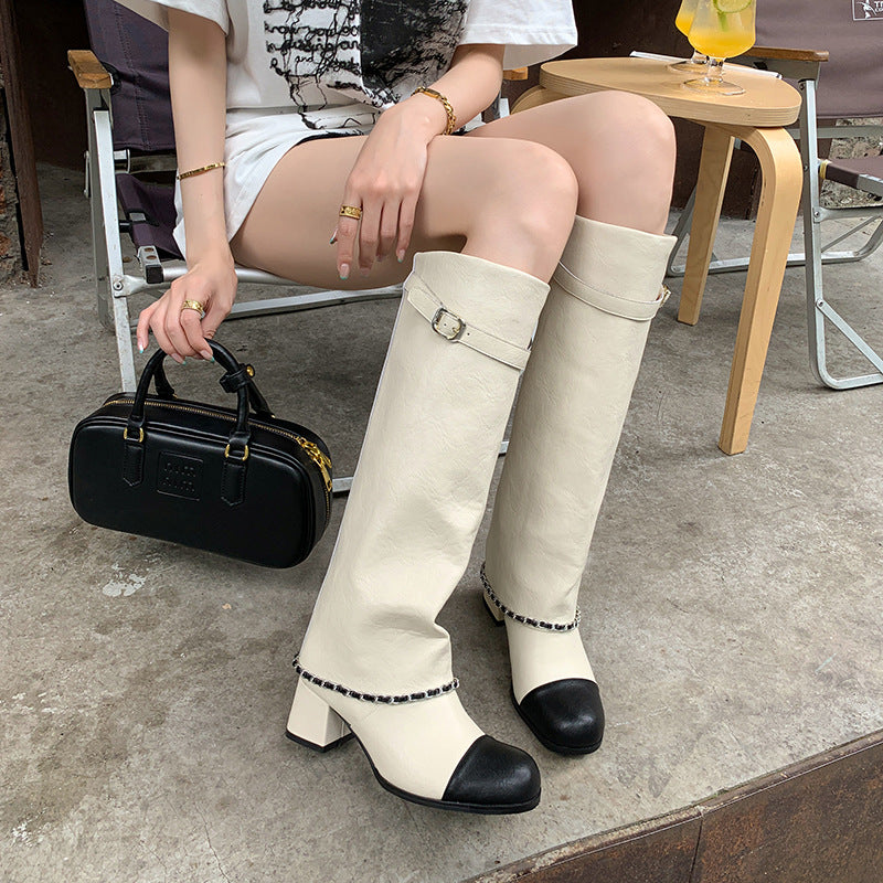 French Style Classic White Female High Pants Thick Heels
