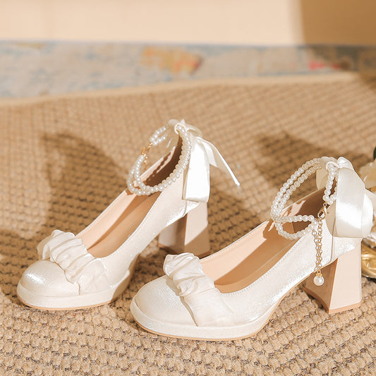 Women's High Chunky Lady Style Gentle Bridesmaid Vintage Pearl Mary Jane Women's Fashion Shoes