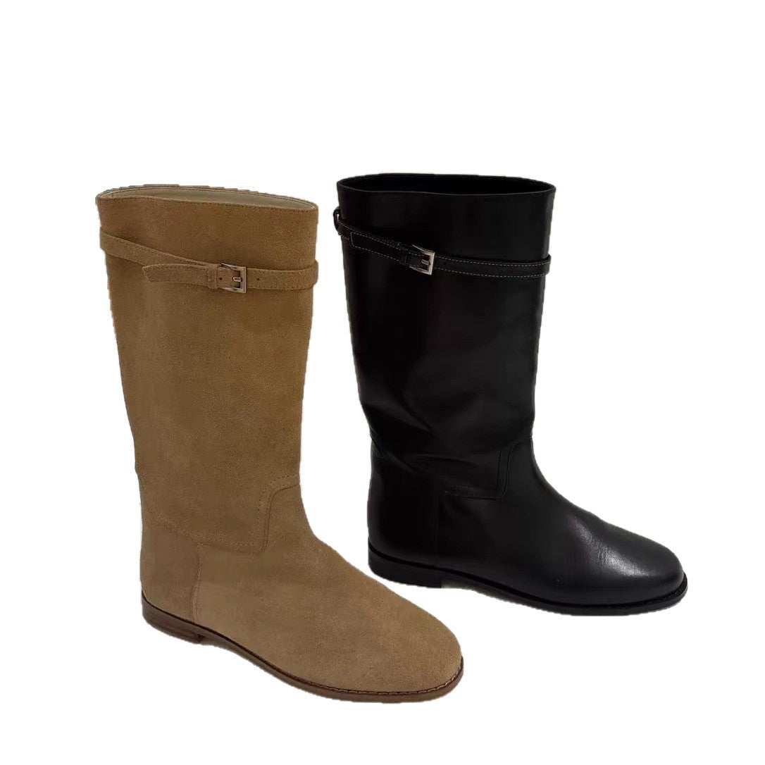 Women's Cowhide Version Round Head Chunky Wide Tube Western Women's Leather Boots